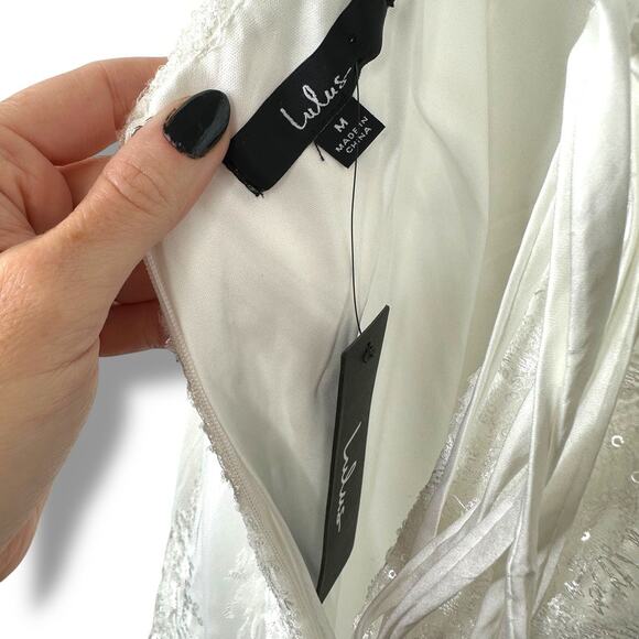 Lulus NWT Celebratory Beauty White Mesh Embroidered Sequin Lace-Up Midi Dress - Picture 9 of 10
